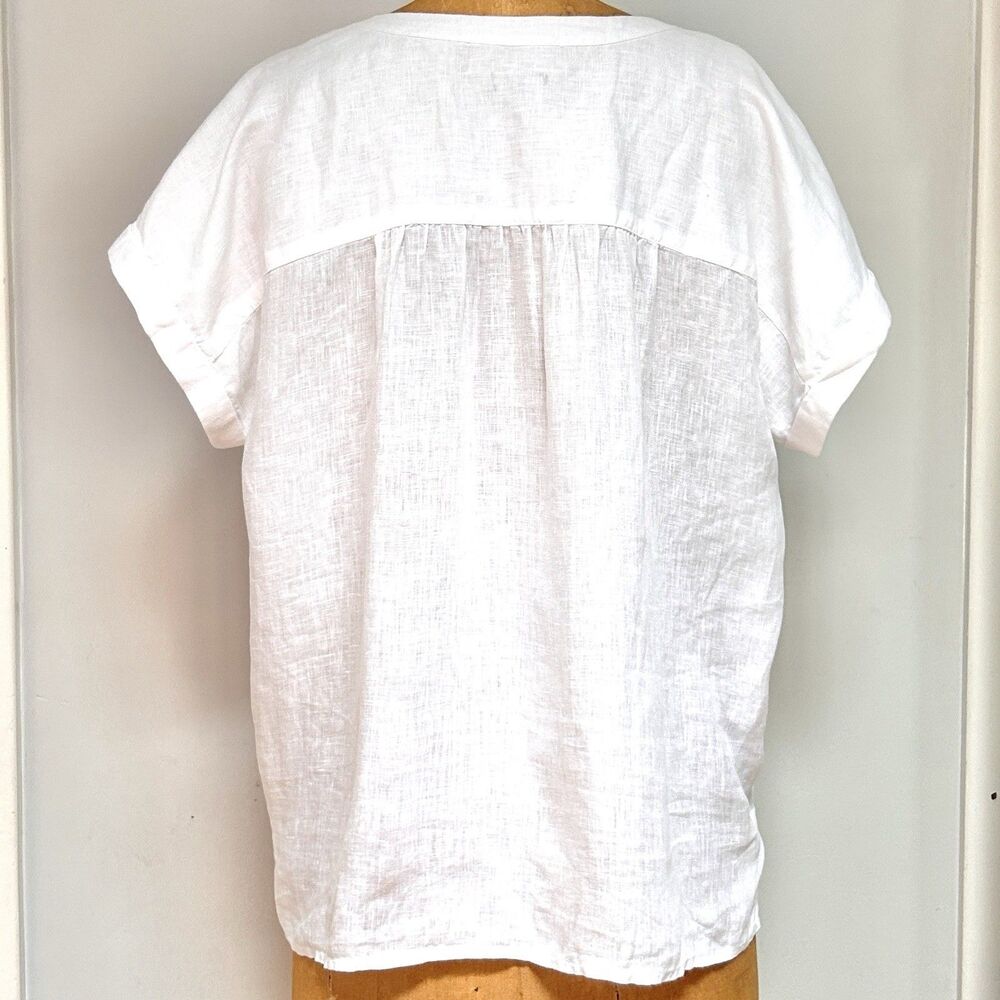 Ann Taylor White 100% Linen Blouse Lace Trim Rolled Sleeve Relaxed L - Picture 2 of 8